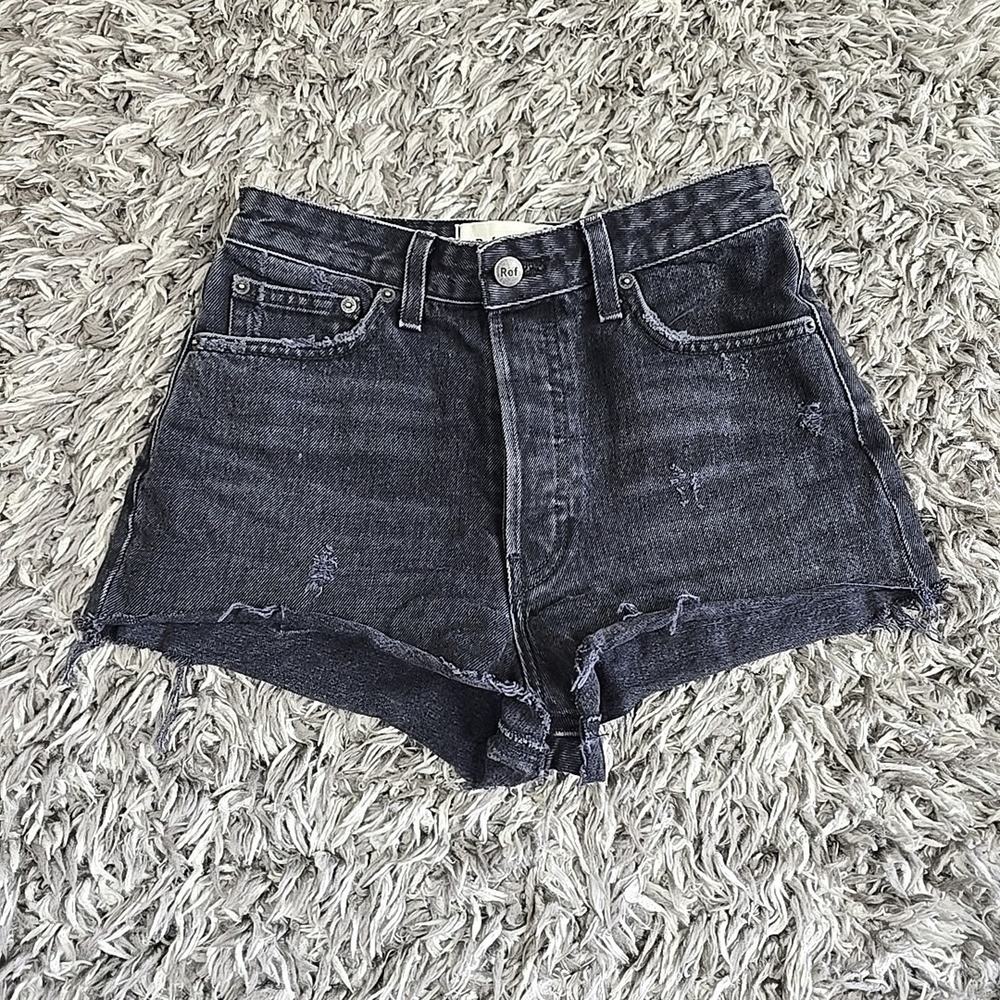 Reformation High Rise Distressed Denim Shorts Black Size 25 Button Fly Raw Hem